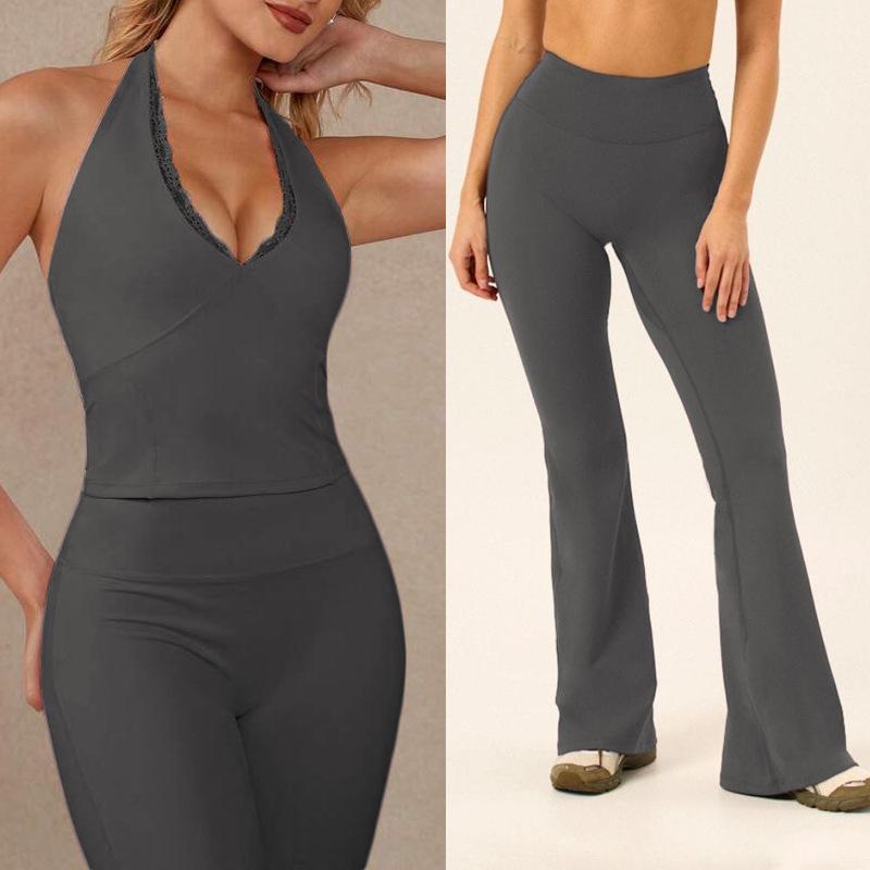 Yoga Pants Set Lace Splicing Neck Top Women's High Waist Flared Pants Running Sports Fitness Set