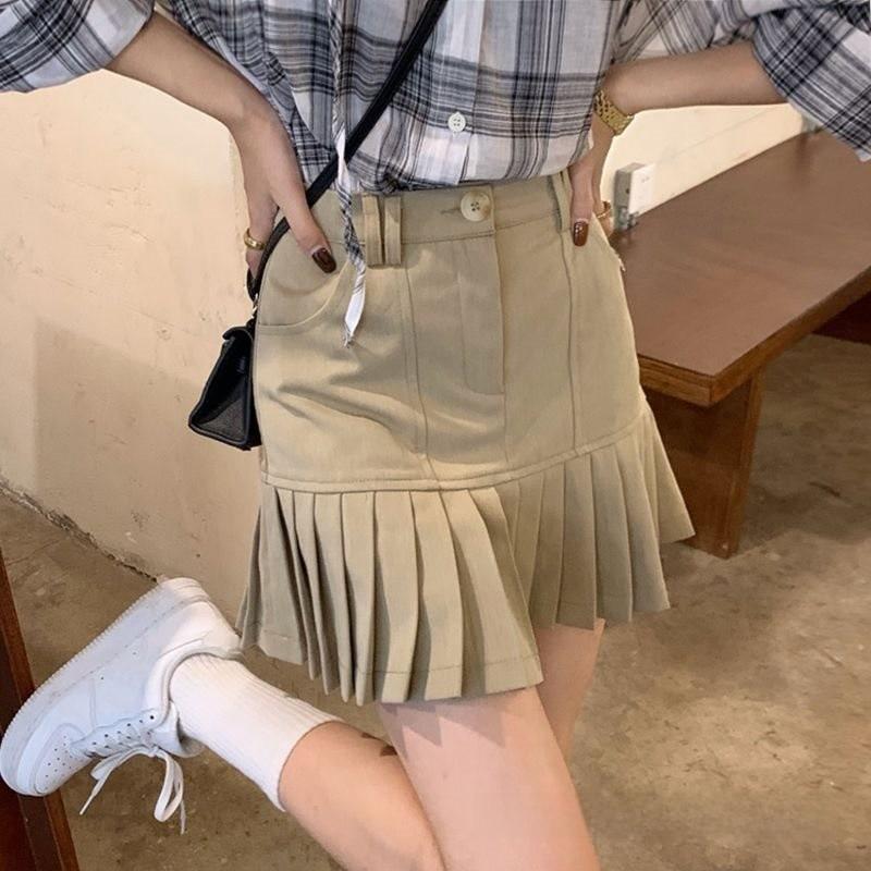 Cotton Blend Pleated Skirt For Women Spring High Waist Slim Fit With Embroidered Design For Casual Wear