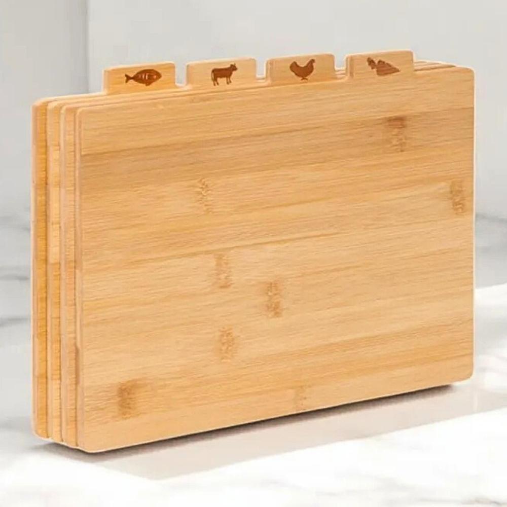 Set of 4 cutting board serving kitchen bamboo wooden + stand