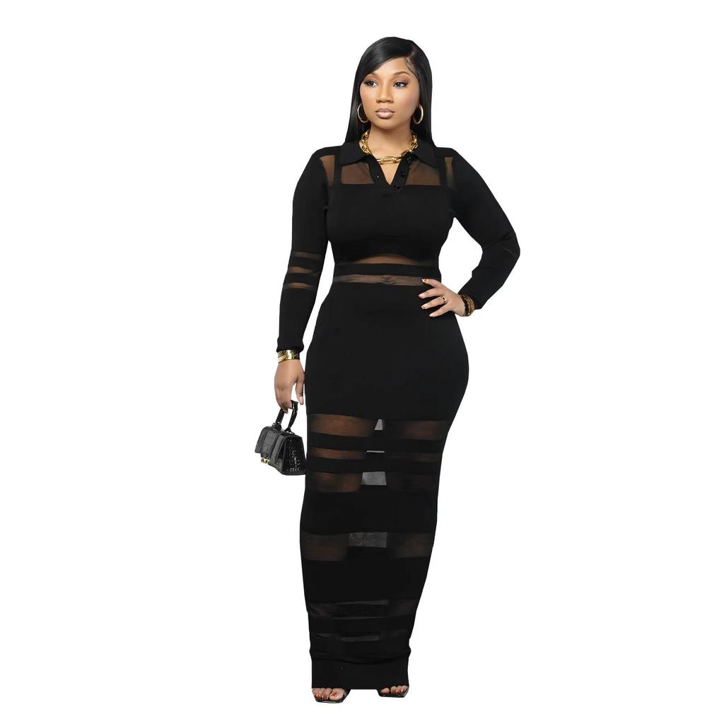TW823 European and American Women's High-End Mesh Splicing Slim-Fit Waist-Cinched Long Dress for Autumn and Winter