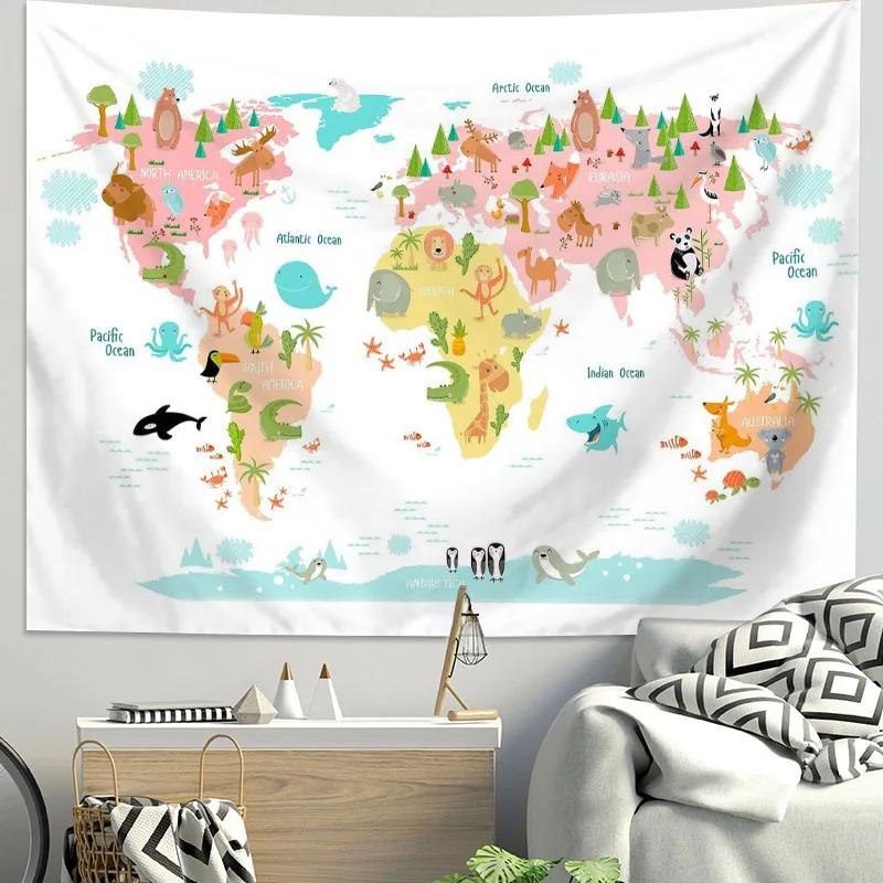 Arazzo Mappa del Mondo Animali Cartoni Animati Poliestere da Appendere alla Parete Tessuto di Sfondo Educativo per Stanza Bambini Asilo Nido Camera da Letto Decorazione