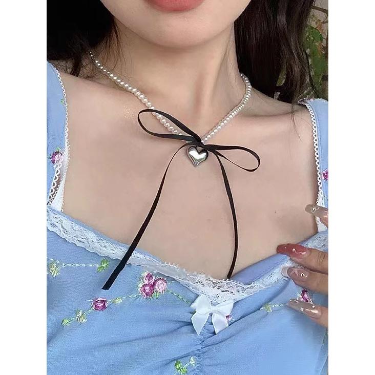 Baroque Style Light Luxury Double Layer Pearl Necklace Metal Heart Bow Ribbon Choker Collarbone Chain for Women