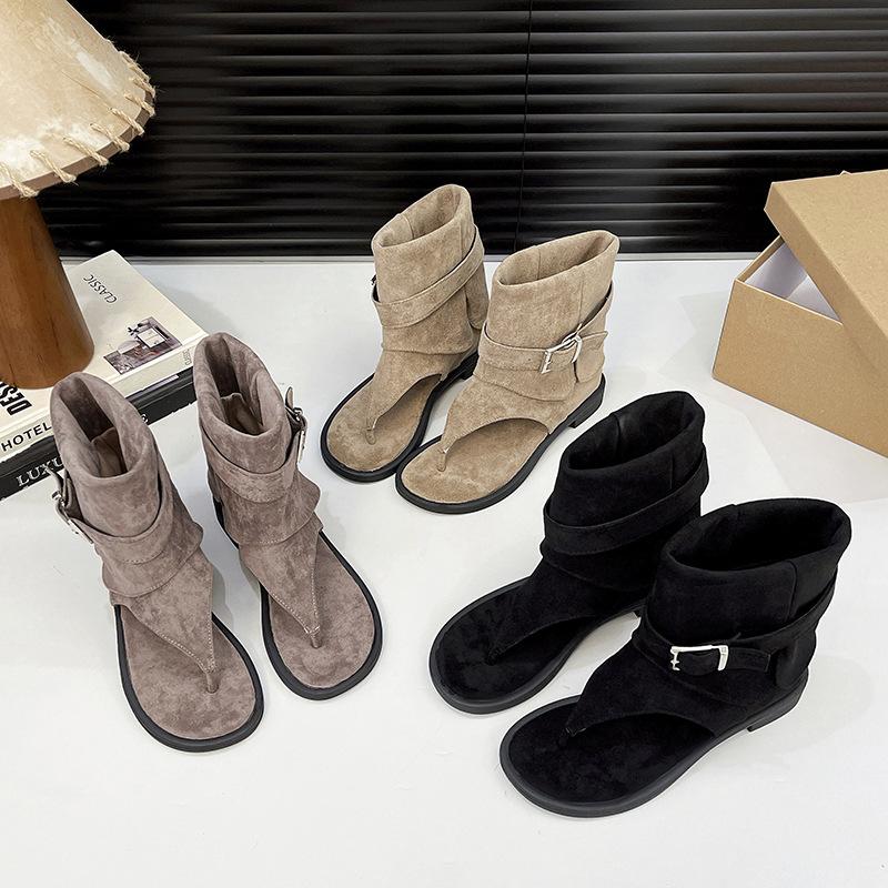 Internet celebrities with the same fashionable Spice Girls style explosion open-toed sandals 2025 summer new versatile niche flat women's short boots