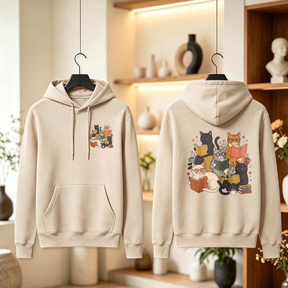Vintage Retro Cartoon Cats Books Lovers Hoodie Oversized Fit Reading Glasses Coffee Cups Navy Blue Stars Graphic Pullover Sweats