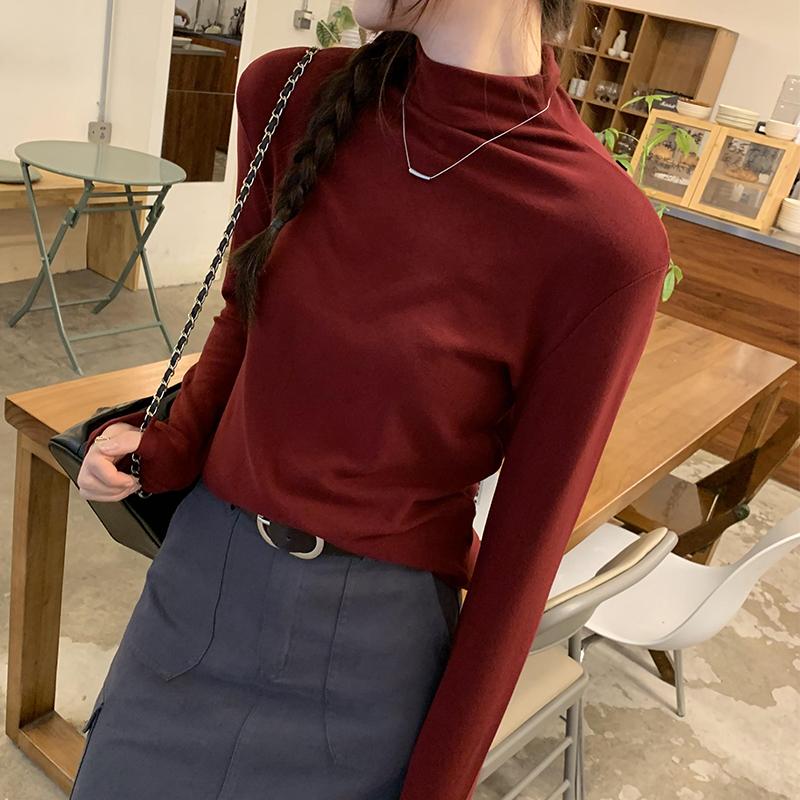Autumn Basic Long Sleeve Slim Fit Casual T-shirt for Women Fashion Solid Simple Winter Ladies T Shirt Elegant Half High Collar Woman Tee Tops 25666