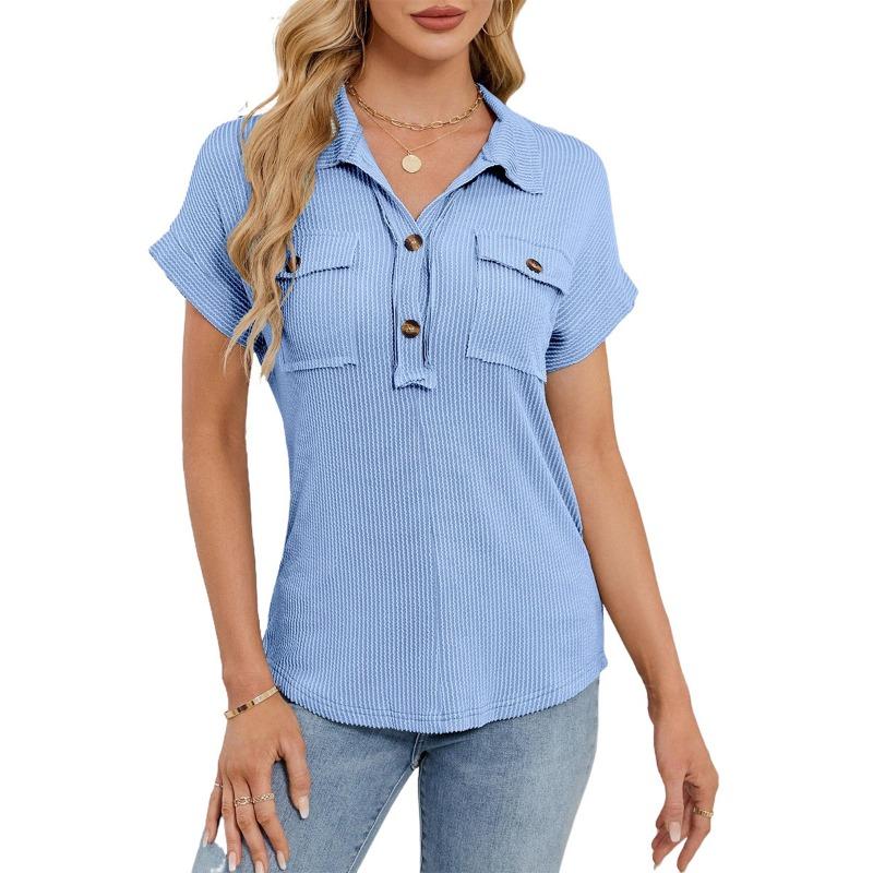 Summer New Women's Lapel Pocket Short-sleeved Solid Color T-shirt Casual Versatile Top