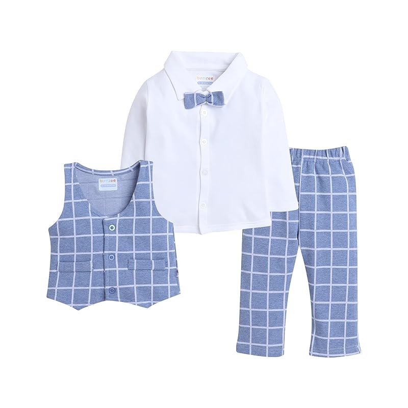 BUMZEE Unisex Cotton Sky Blue & White Boys Full Sleeves Shirt Waistcoat & Pant Set with Applique Bow Age-2-3 Years