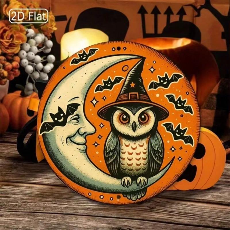Metal Owl Moon Sign Halloween Wall Decor Rustic Aluminum Art