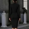 Damen Bodycon-Kleid mit hohem Kragen, Falten und langen Ärmeln, seitlichem Schlitz, für Abendgarderobe