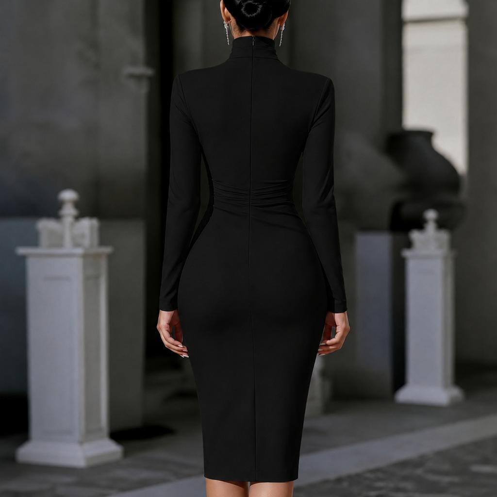 Damen Bodycon-Kleid mit hohem Kragen, Falten und langen Ärmeln, seitlichem Schlitz, für Abendgarderobe