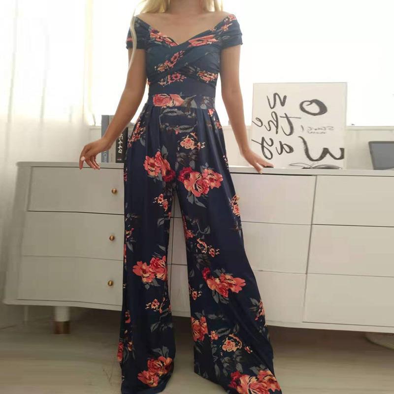 Women's Casual One Shoulder High Waisted Printed Jumpsuit Commuter Outfit Temperament