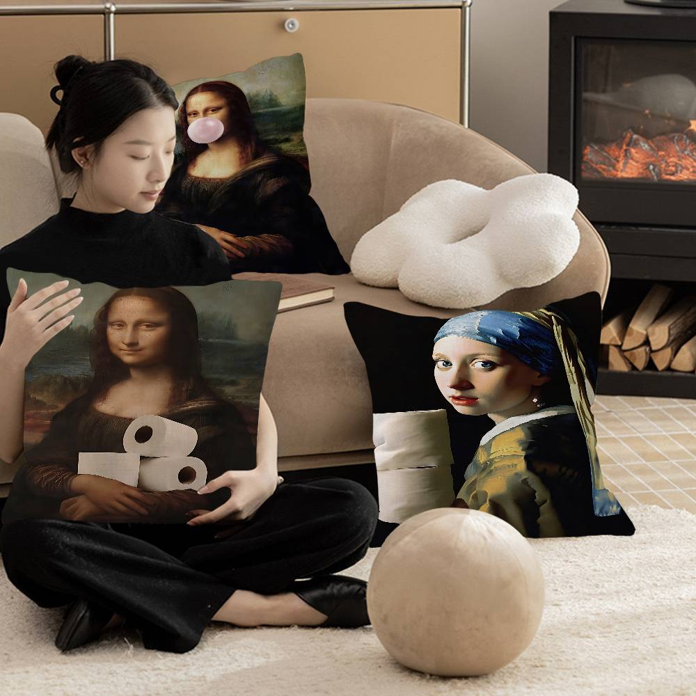 Funny Mona Lisa Wearing Pearls Girl Cushion Cover Pillowcase Upholstery Sofa Throw Pillow Home Decor Pillowcas