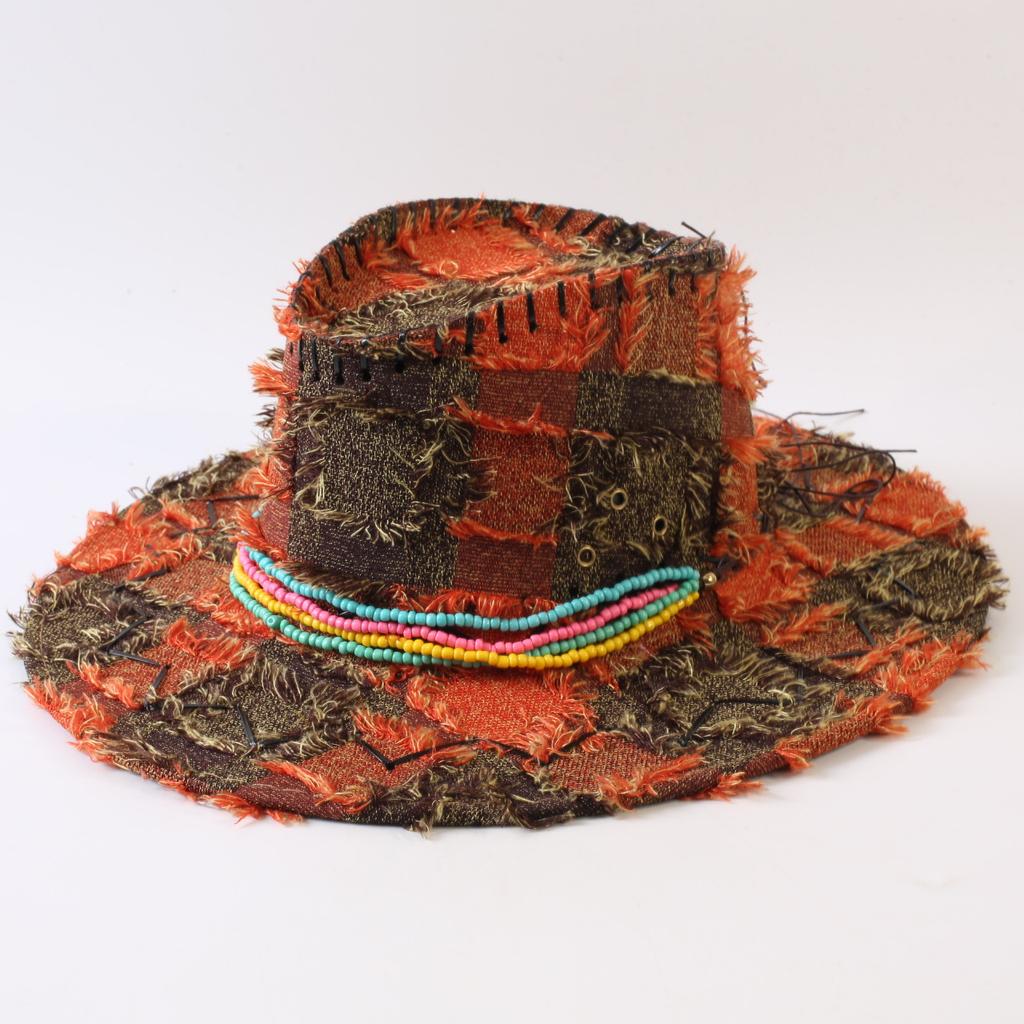 European and American Classic Retro Old Plaid Burr Jazz Hat Men's and Women's Outdoor Sunscreen Sunshade Big Eaves Western Cowboy Hat