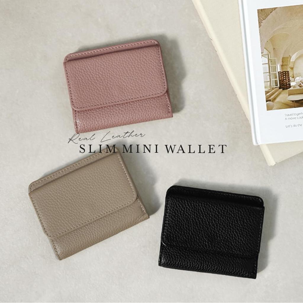 Genuine Leather Mini Coin Card for Men and Women Wallet, Slim, Bifold, Compact, Purse, Box-Shaped, Case, Palm-Sized, (Grey Beige)