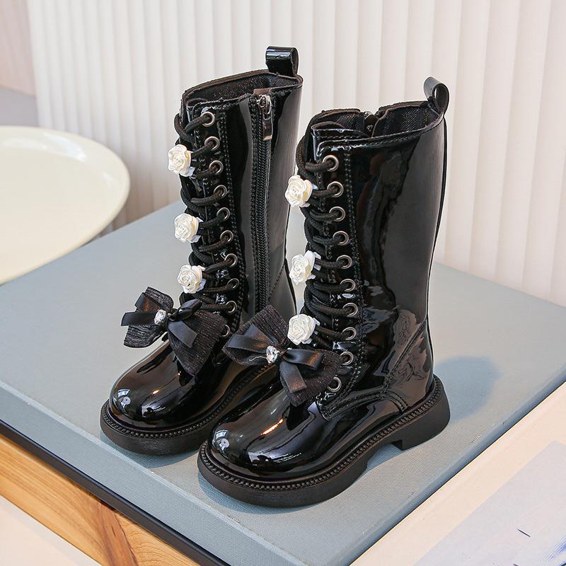 

Autumn Girls Long Leather Boots Soft Soled Kids Princess Boots Bowknot Non-slip Outdoor Children Boots Plush Winter 37 чорний