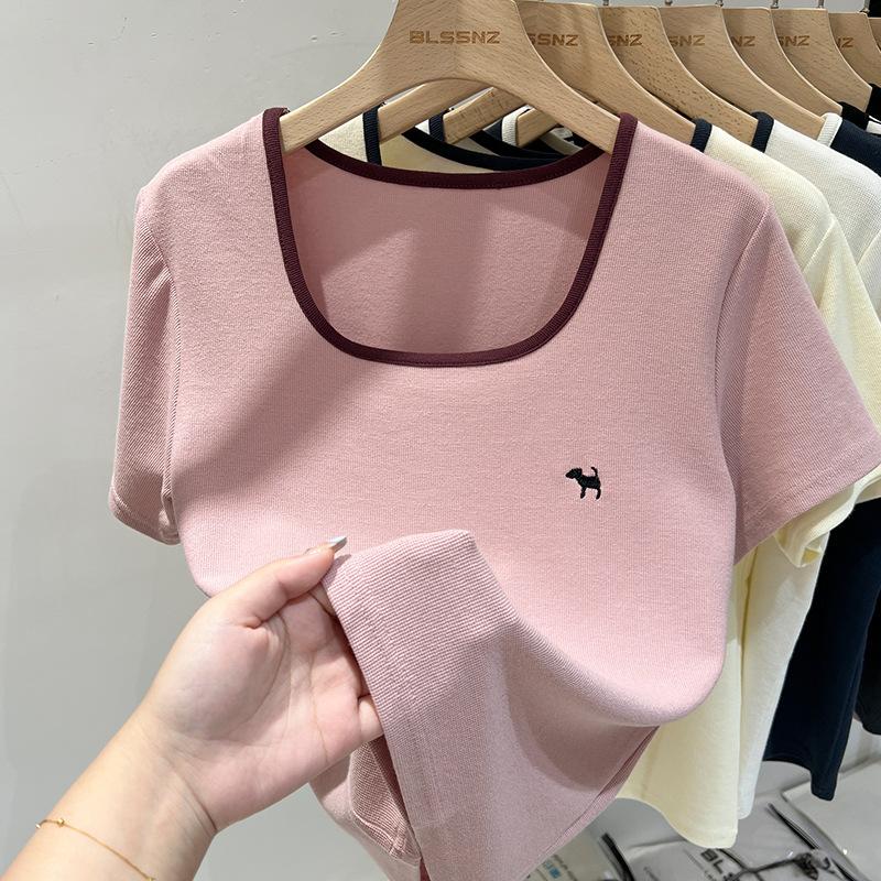 White Puppy Embroidered Cotton Square Collar Short Sleeve T-shirt Women's Summer Loose Top