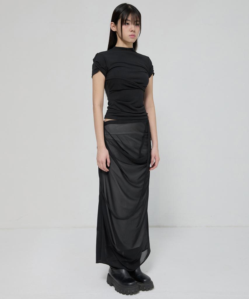 Peulleeoeob Asymmetrical Draped Mock Neck T-Shirt (Fl-126_Black)