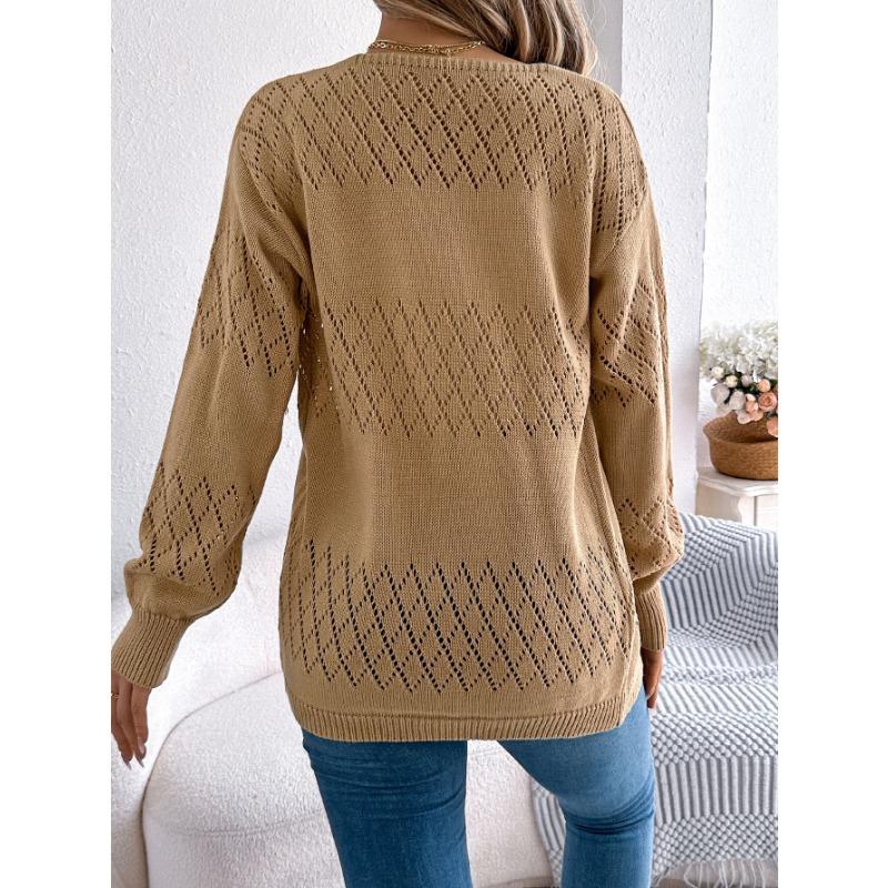 Women European American Casual Solid Hollow Out Lantern Long Sleeve Cardigan Sweater Coat