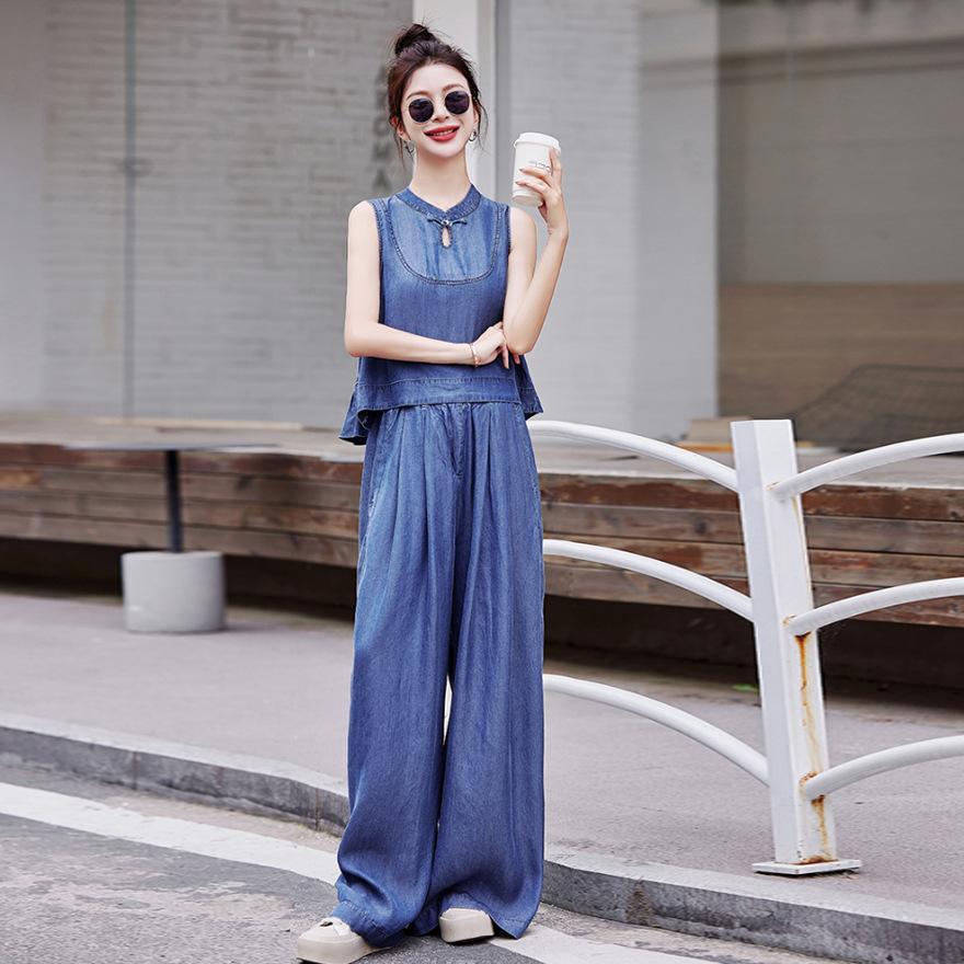 

Модный джинсовый костюм из тенселя женский летний новый топ без рукавов, брюки широкие от пола, комплект из двух предметов XXL