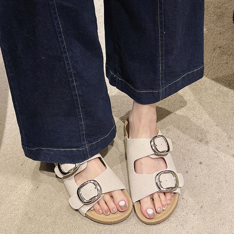Fashion Luxury Designer Summer Buckle Cork Slippers for Women Roman Outdoor Casual Sandals Suede Mules Clogs Shoes Slides