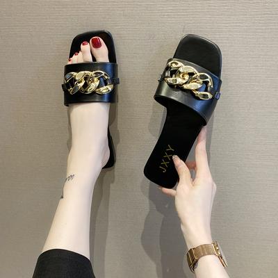 Fashion 2024 New Fashion Women's Slippers Square Toe Chain Slippers Flat Slide Sandals Beach Flip Flops Metal Decoration Casual Shoes