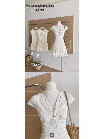 French Retro Lace Embroidered Summer Dress - Women's Slimming Waist-Cinched Two-Piece Style