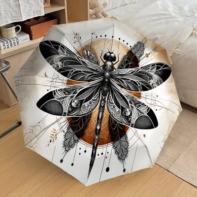 1PC Dragonfly Artwork Automatic Open/Close Umbrella with Windproof, 8-Rib Sturdy Canopy, Durable Ribs, Fashionable Design, Outdoor Accessory, Fun Prin