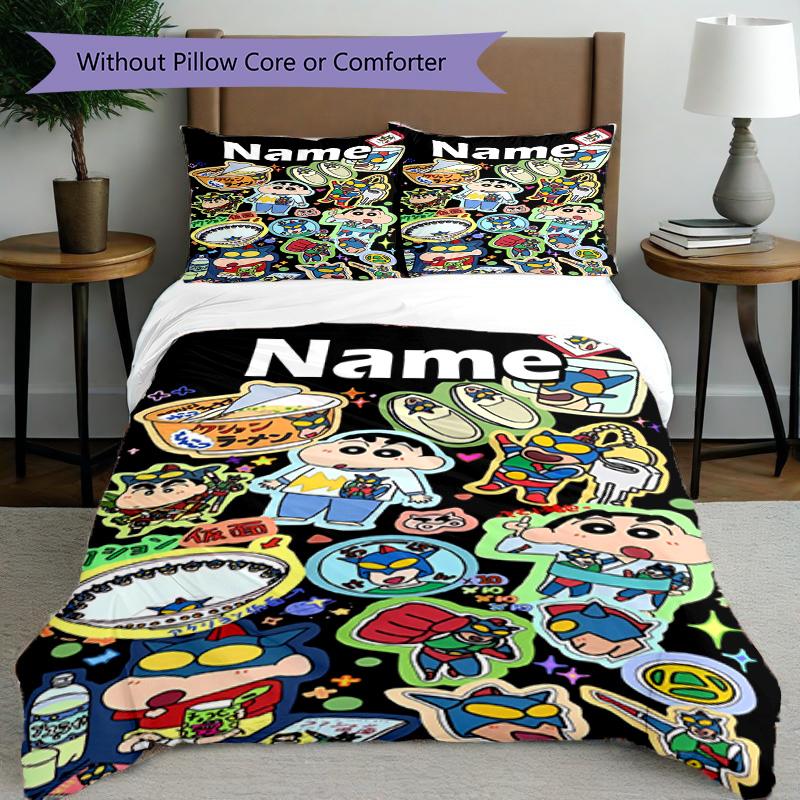 3pcs Duvet Cover Set (1*Duvet Cover + 2*Pillowcase, Without Core), Custom Name Cartoon comics Pattern Bedding Set, Home Bedroom Decor Gift