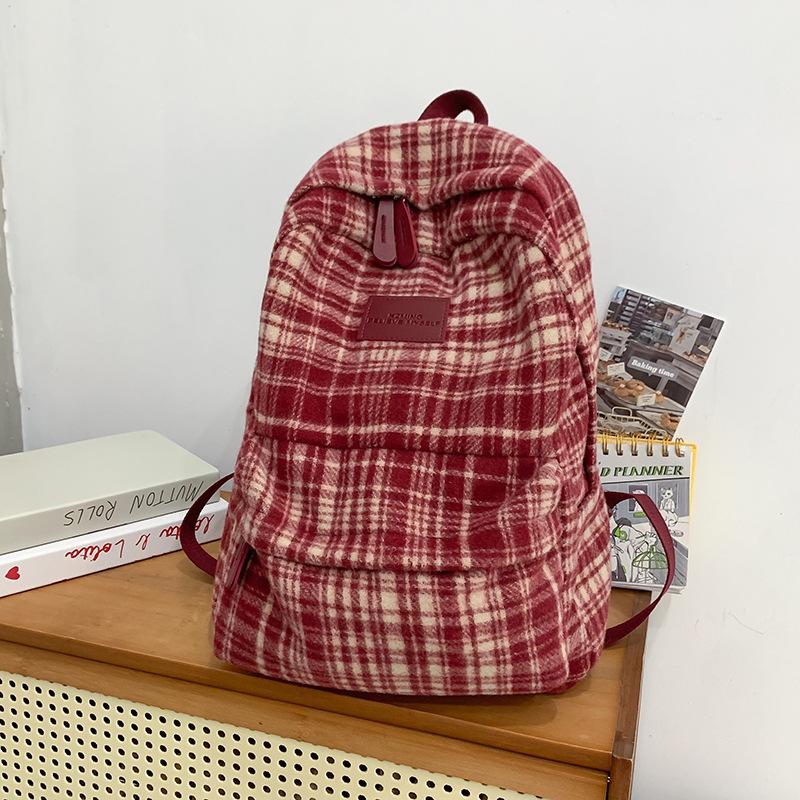 Школьная сумка женская студенческая ретро колледж шерстяной рюкзак новый осенне-зимний универсальный клетчатый commuting travel backpack красный