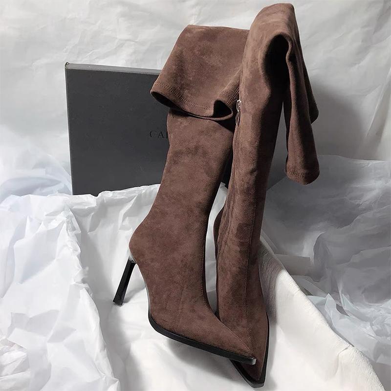New High Heels Women'S High Boots Designer Suede Shoes Fashion Dress Pumps New Winter Boots Knee High Chelsea Botas Femme