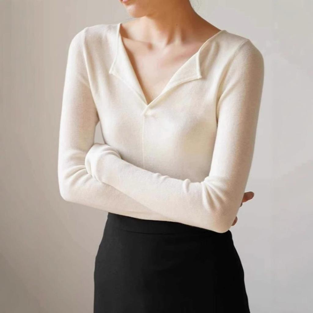 Früher Herbst Französischer Stil Grauer V-Ausschnitt Strickpullover Damen Premium Slim Fit Basisschicht Mode Oberteil