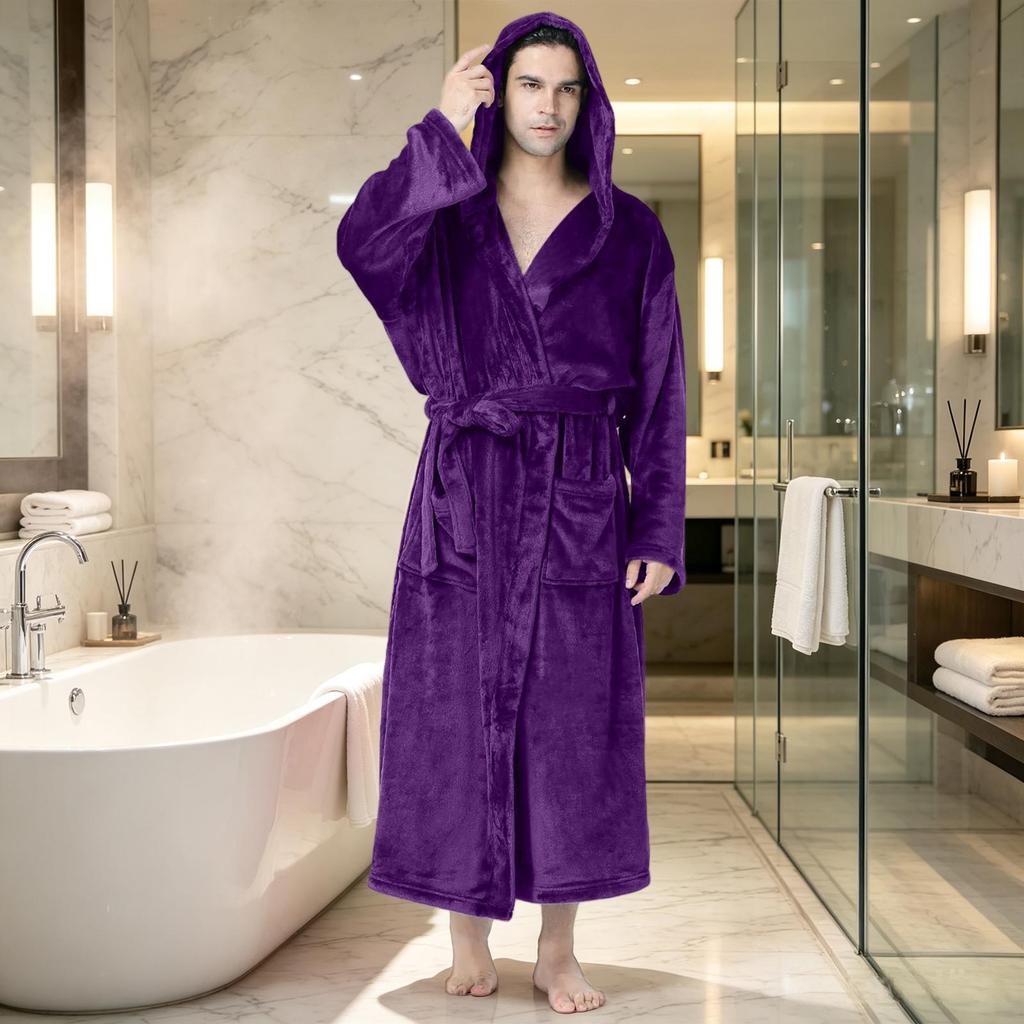 Men's Hooded Plush Bathrobe with Pockets - Soft Spa Robe for Relaxation, Sleepwear