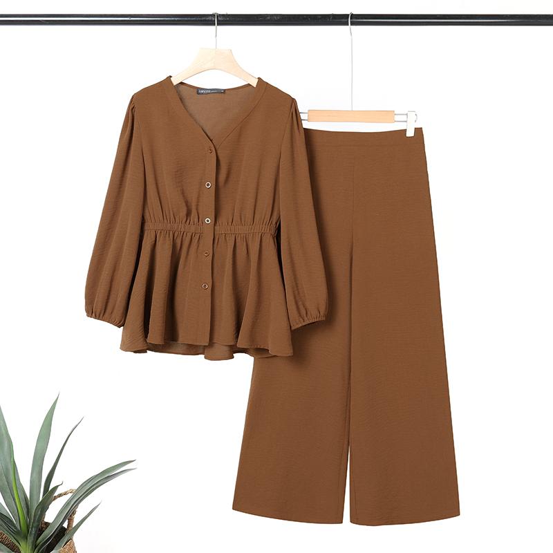 

ZANZEA Женская блузка с длинным рукавом и брюки повседневный комплект из двух частей XL