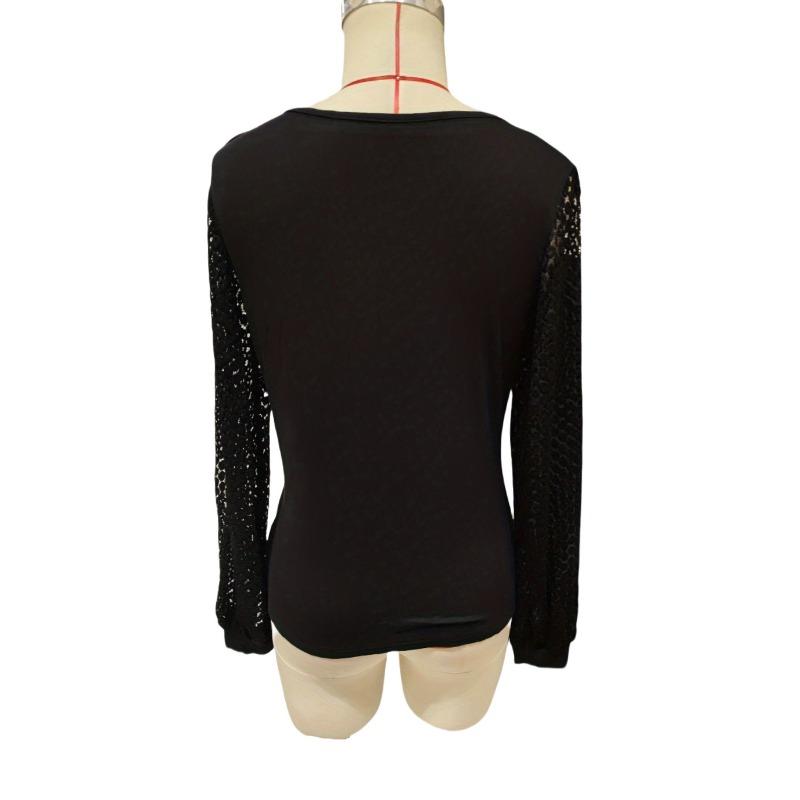 Damen Herbst und Winter Neues einfarbiges Spleißen von Spitze Laternenärmeln Loses Crossover-T-Shirt-Oberteil