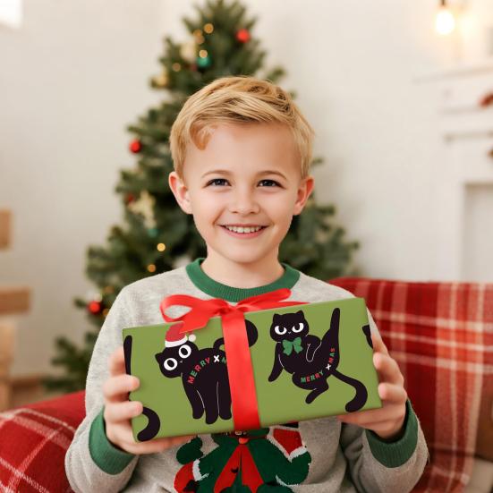 Christmas Cat Wrapping Paper 16.4 Ft Cute Black Cats Gift Wrap Roll Holiday Gift Wrap for Boys Girls Cat Lovers Christmas Party