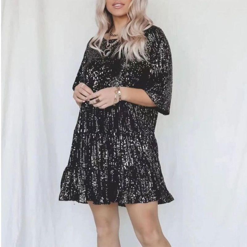 Solid Color Fashion round Neck Loose Waist Short Sleeve Cake Sequin