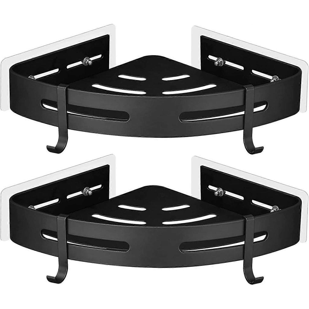 No-Drilling Corner Shower Shelf Metal with 2 Hooks for Shower Anti-Rust Holder Self-Adhesive for Bathroom Items 2 Pieces (Black)