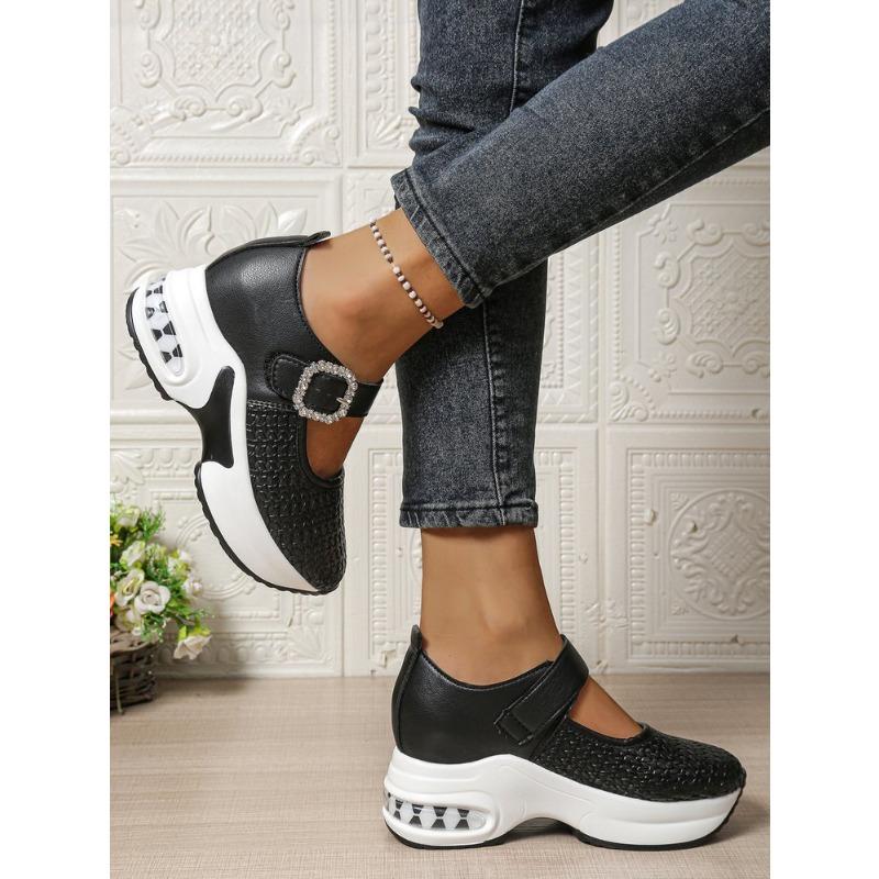 Damen Übergröße Plateau Strassbesatz Slipper Herbst Neu Europäisch Amerikanischer Stil Ein Riemen Schnalle Keilschuhe