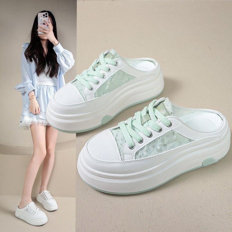 Lace sequined mesh breathable half slippers women's thick sole heightening soft baseplate shoes summer new shoes women's shoes