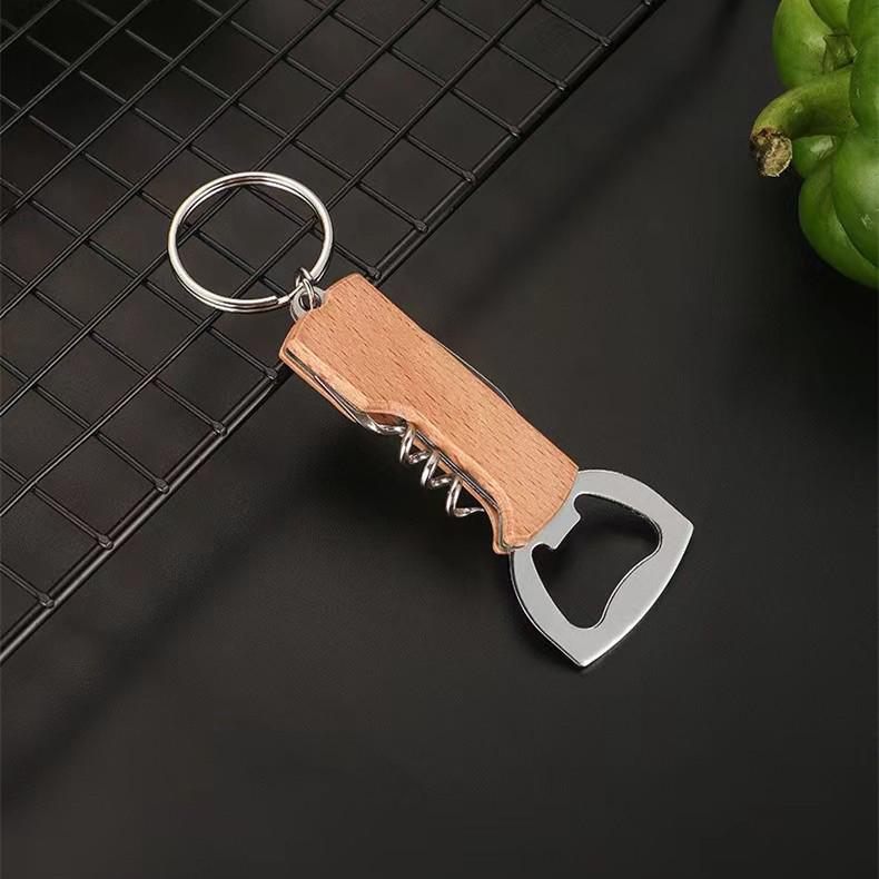 Three-in-One Portable Stainless Steel & Wooden Handle Knife Wine/Beer Bottle Opener with Keyring