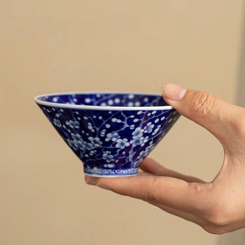 Starožitný modrobílý kuželovitý šálek na čaj - Mistrovský šálek z porcelánu Jingdezhen, Ručně vyráběná čajová miska v čínském stylu, Keramická sada pro Gongfu čaj