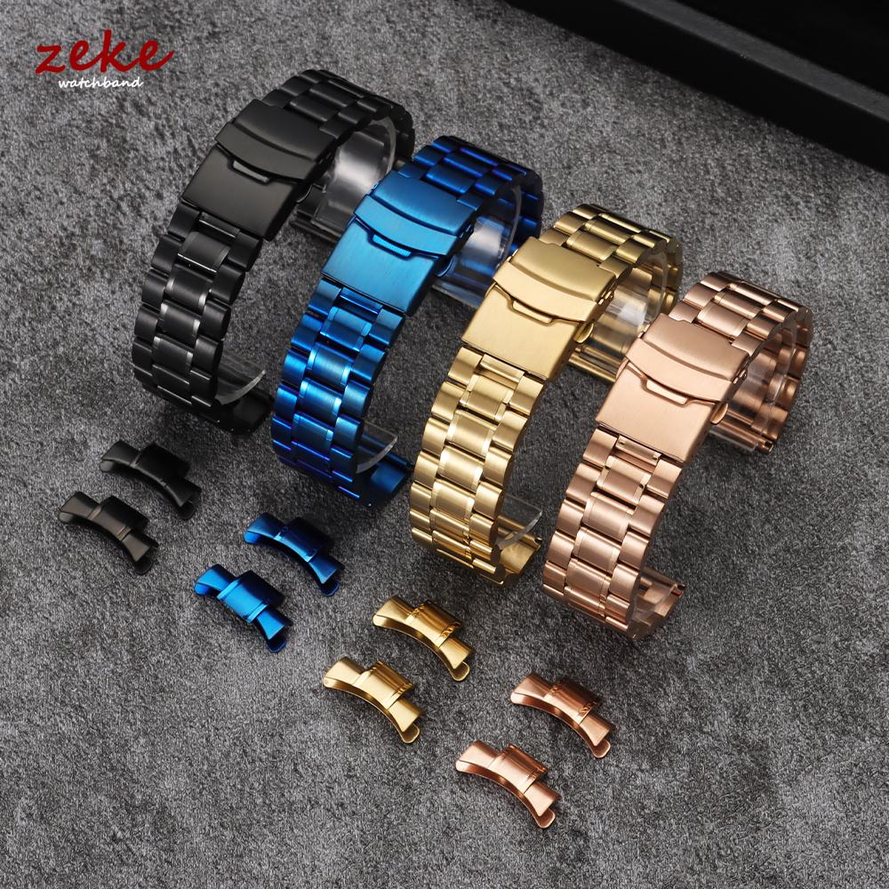 Solid Stainless Steel Watch Strap 18/20/22/24mm Silver Metal Curved End Double Press Folding Buckle Bracelet WatchBand for Seiko