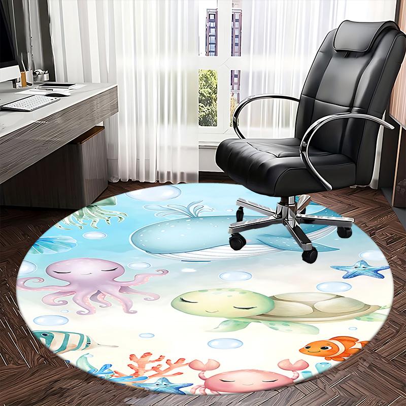 Underwater Adventure Chair Mat - Round Carpet for Home Decor, Office Use, and Gifts - Cute Ocean Animal Design Suitable for Bedrooms