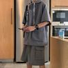 2Pcs/Set Unisex Casual Outfit Hooded Drawstring Short Sleeve T-shirt Elastic Drawstring Waist
