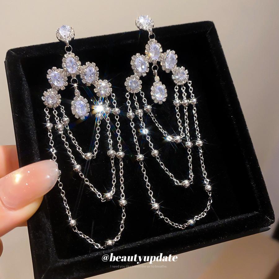 Silver Needle Super Flash Zircon Water Drop Fringed Stud Earrings, Ins Light Luxury High Sense Niche Earrings