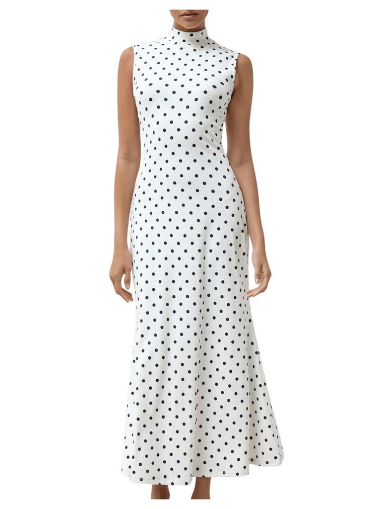European Style Vintage Polka Dot Print Sleeveless Round Neck Slim Fit A Maxi Dress