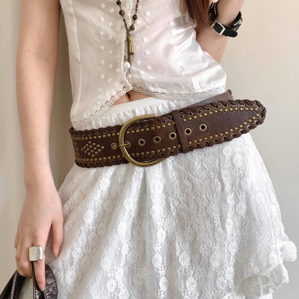 Y2K Western Style Cowboy Belts Metal Ethnic Style Waistband Retro Rivet Belts  Waist Accessories кофейный
