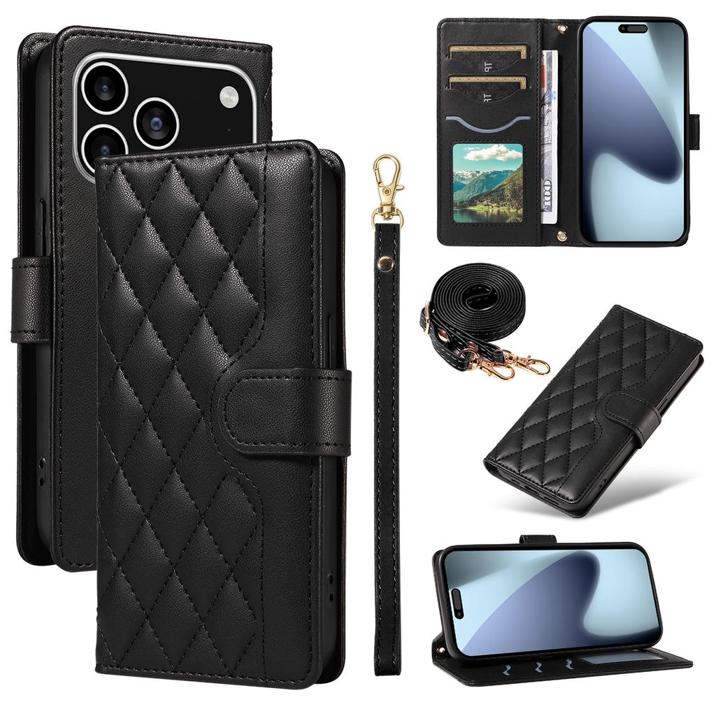 For iPhone 17 Pro Wallet Case Rhombus Leather Phone Cover with Strap