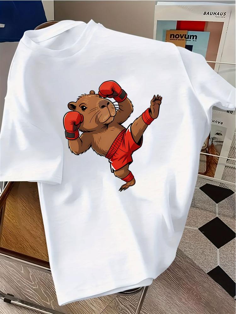 Vibrant Blue Unisexs Loose Fit T Shirt Kickboxing Capybara Fighter Cartoon Graphic Cotton Short Sleeve Sport Casual Daily Shirts