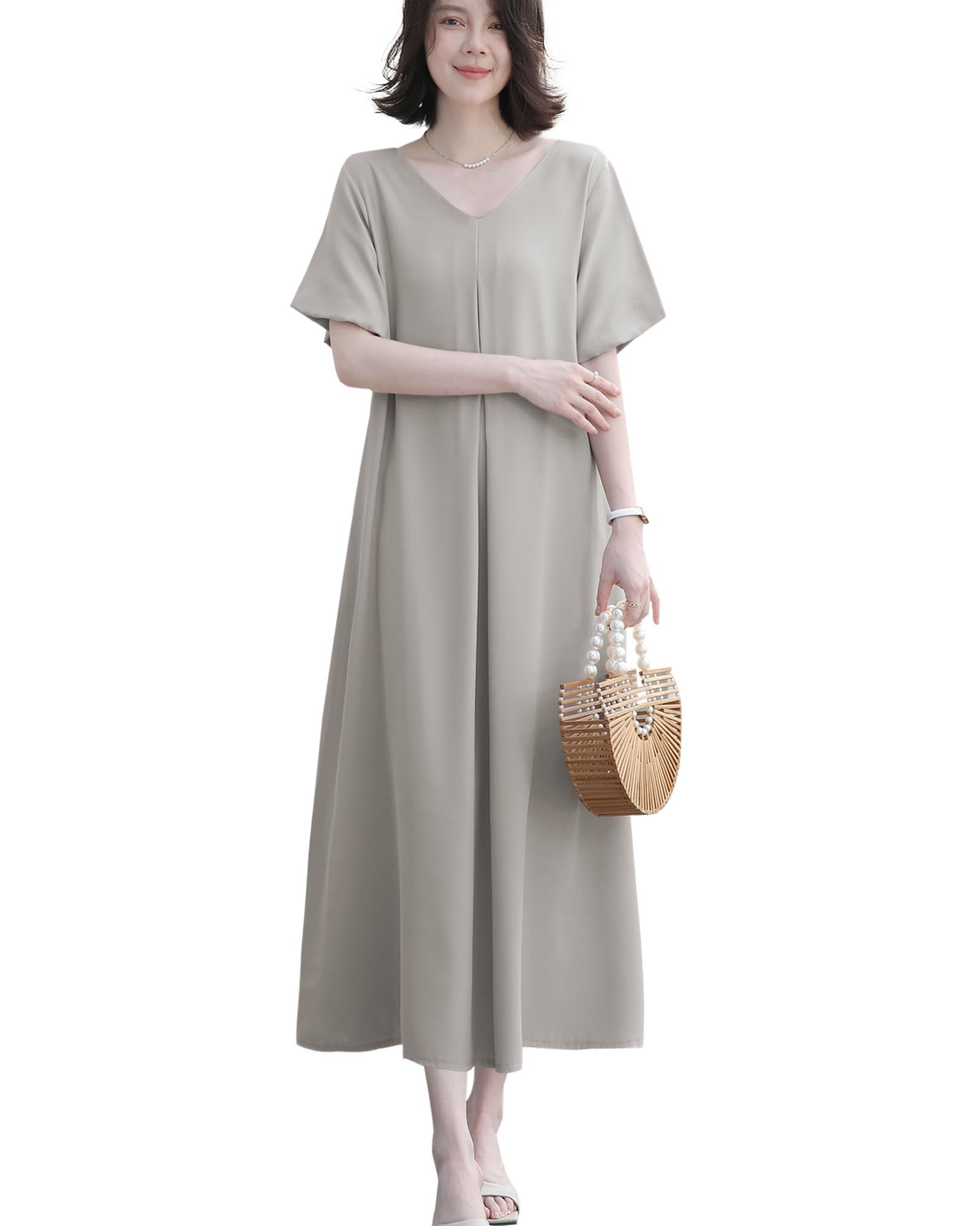

Yino Long Dress with and Short Loose Puff Plus Summer Women s V-Neck Tuck, Sleeves, Cute, Fit, Sleeves, Pockets, Sizes, Slimming, Stylish, Elegant,